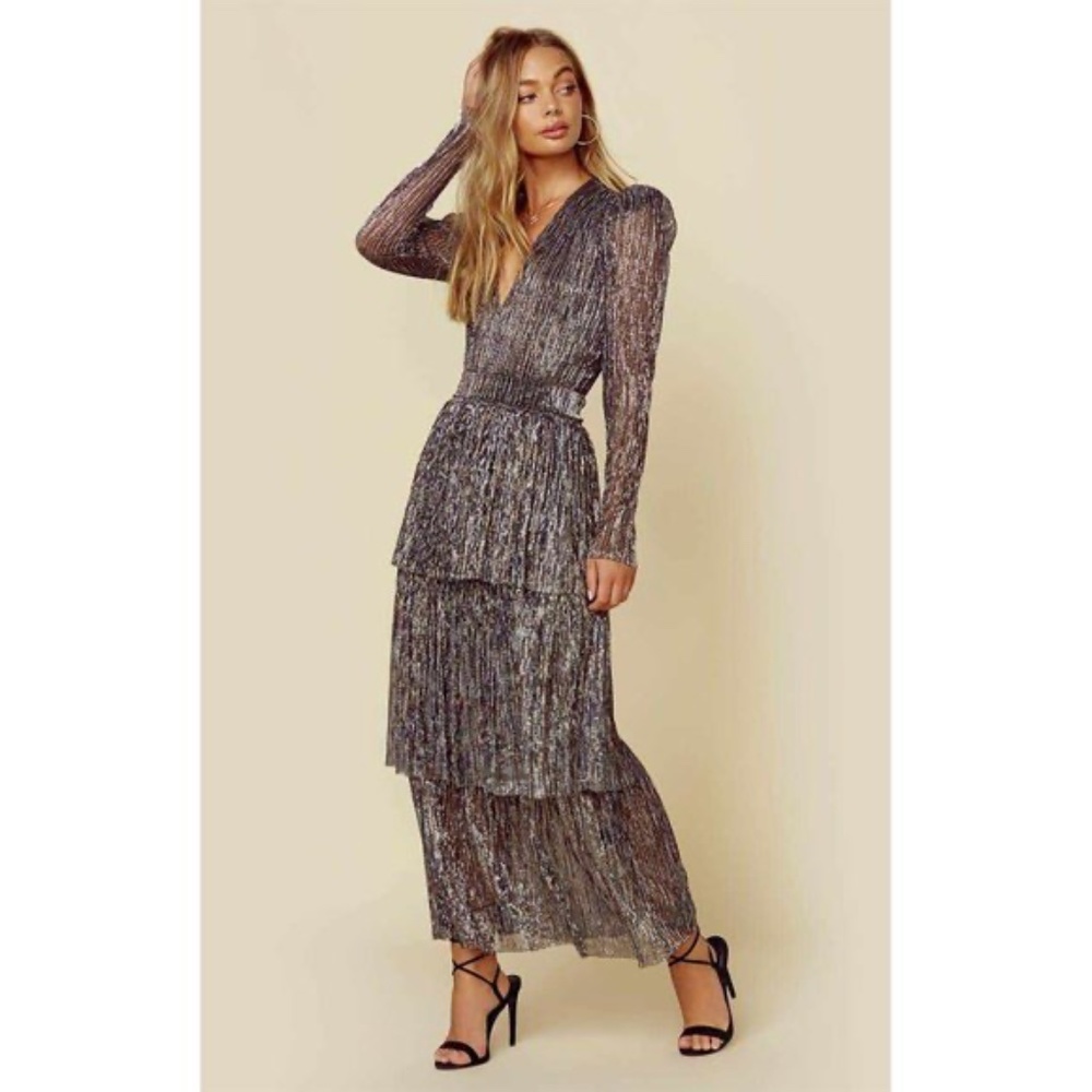 SABINA MUSAYEV XS Long Sleeve Carry Pleated Maxi Dress w/ Belt in Purple/Silver